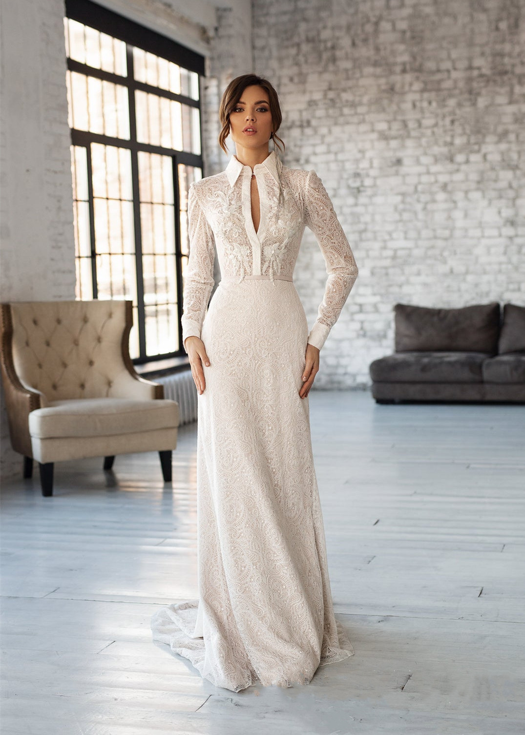 A-line Knee-length Ivory Long Sleeves Lace Homecoming Dress  PD004